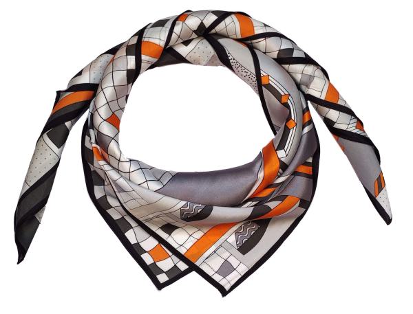 Foulard Shawl Silk Satin 90X90 Geometry Orange Grey Wight Black